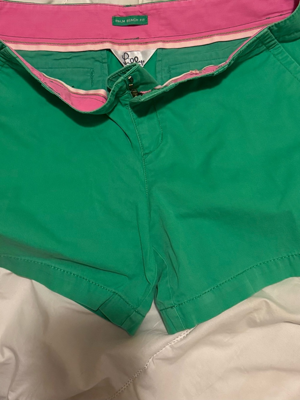 Lilly Pulitzer Green High-Waist Palm Beach Fit Shorts Size 8 with Pink Waistband